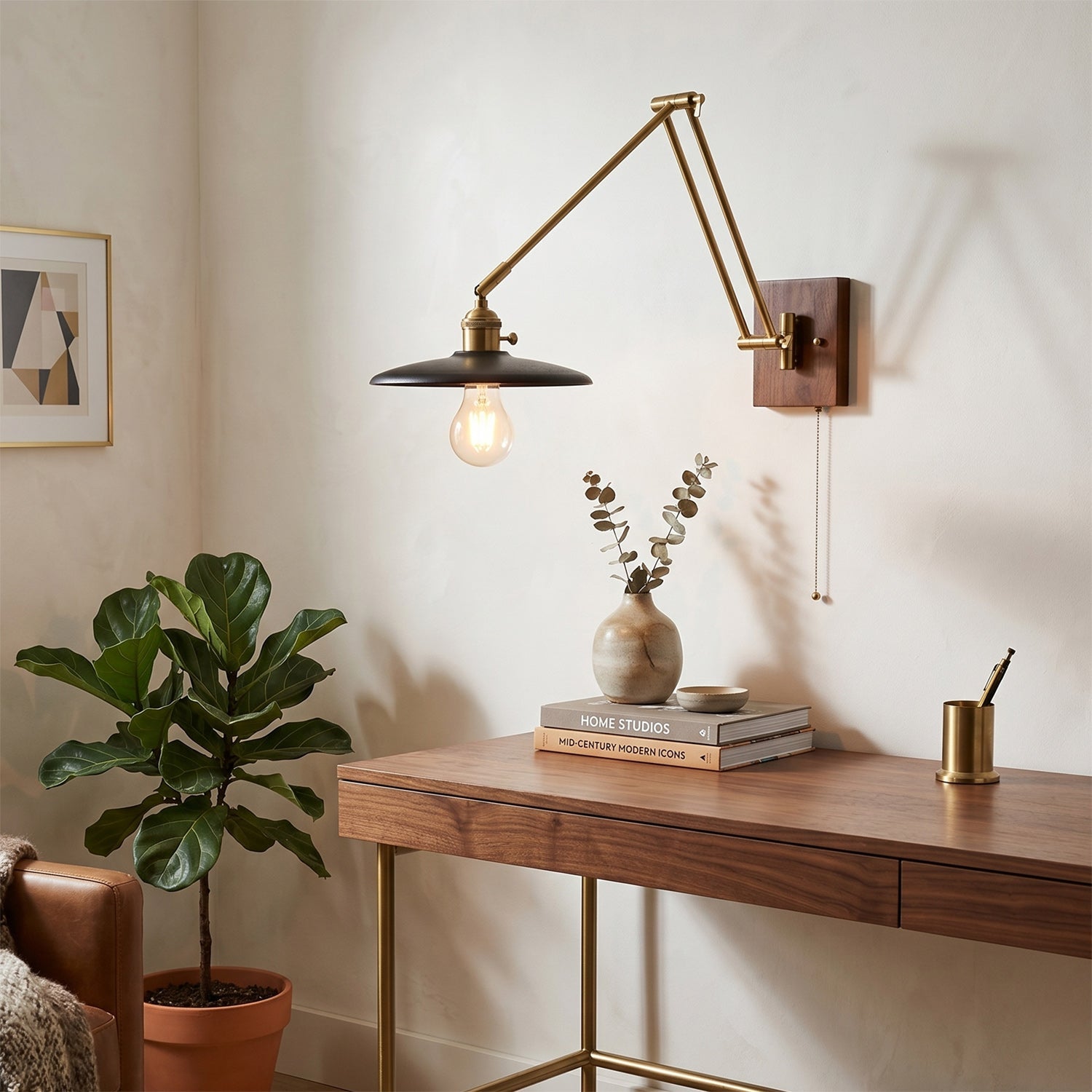 Saucer Swing-Arm Wall Sconce, Wood & Gold Iron