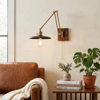 Saucer Swing-Arm Wall Sconce, Wood & Gold Iron