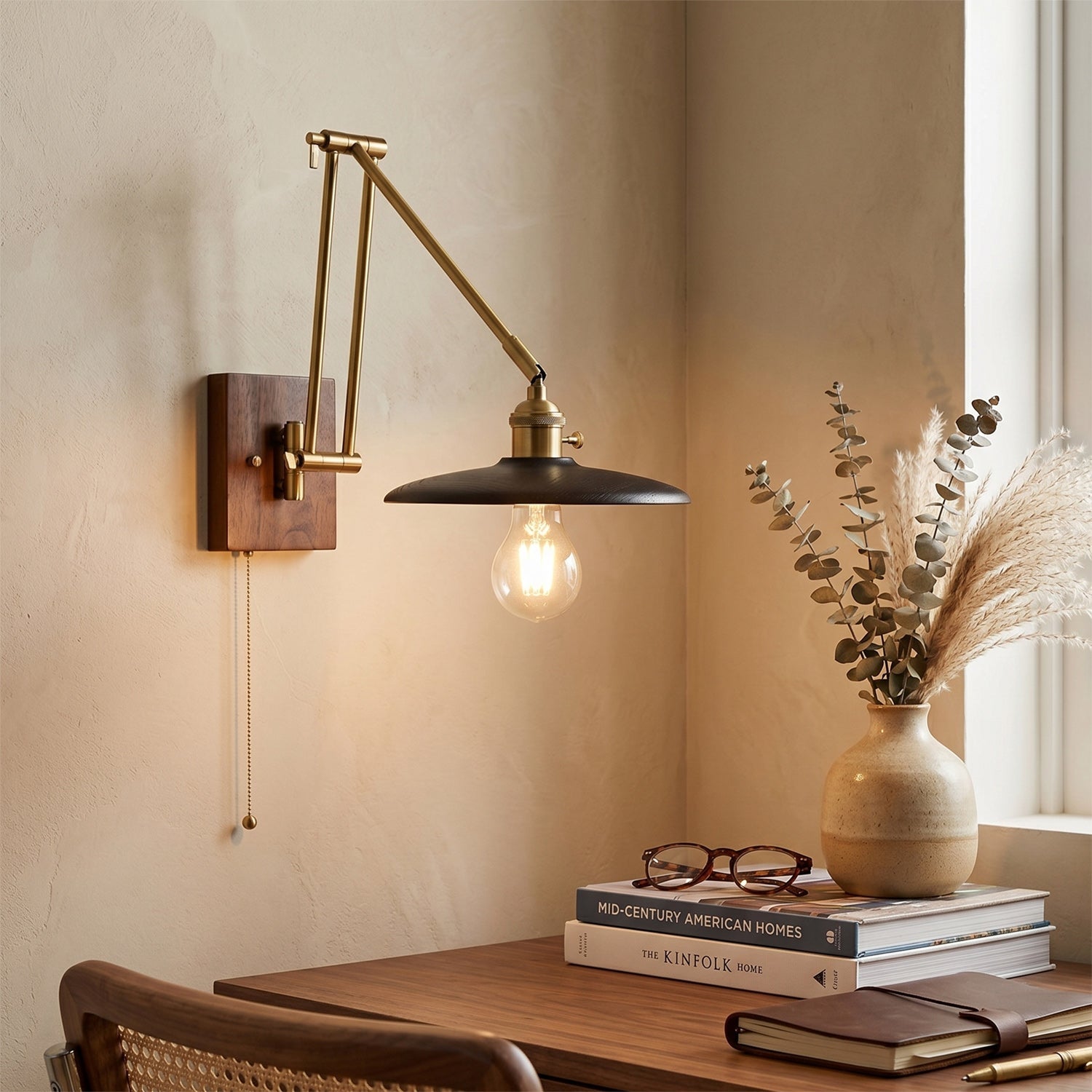 Saucer Swing-Arm Wall Sconce, Wood & Gold Iron