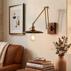 Saucer Swing-Arm Wall Sconce, Wood & Gold Iron