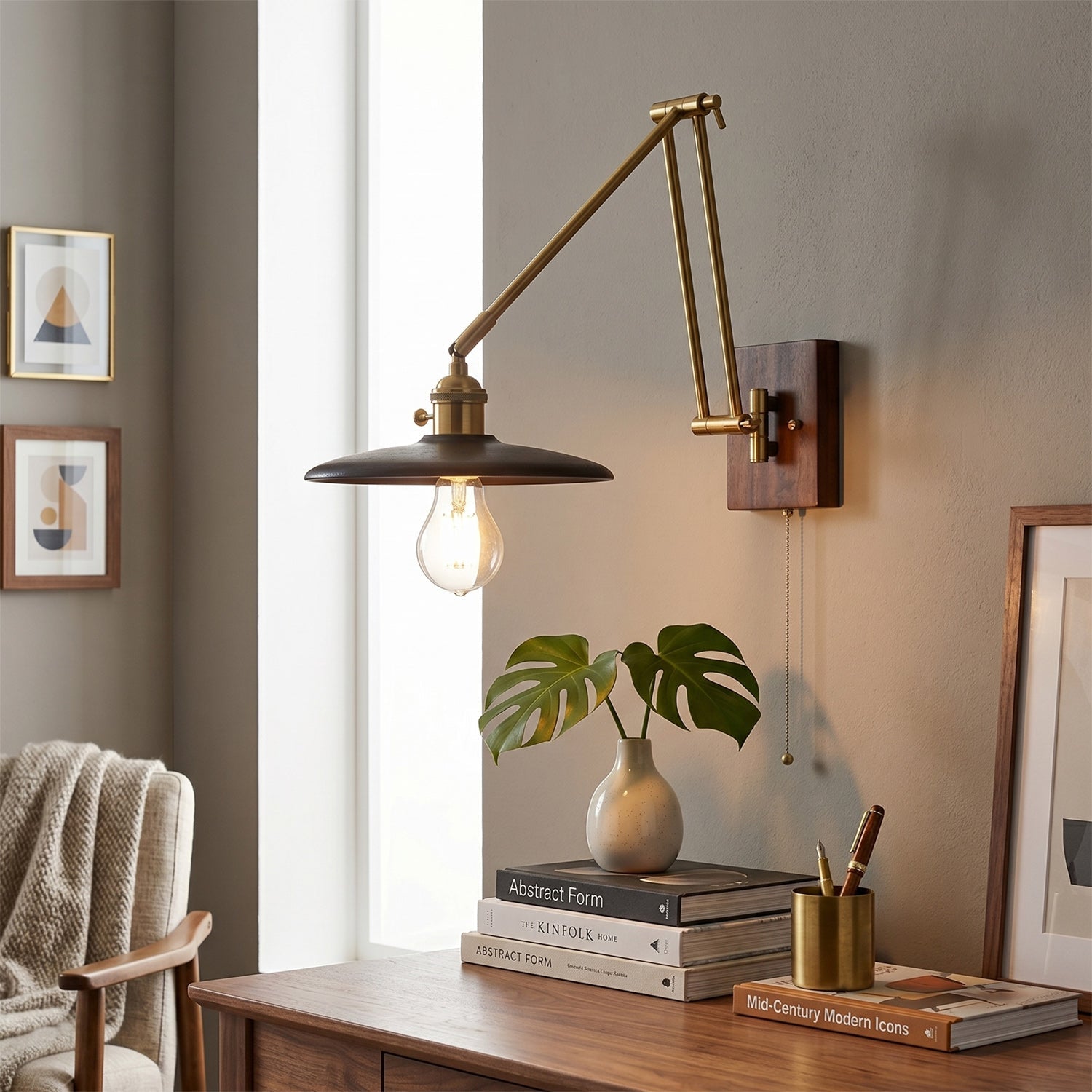 Saucer Swing-Arm Wall Sconce, Wood & Gold Iron