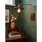 Saucer Swing-Arm Wall Sconce, Wood & Gold Iron