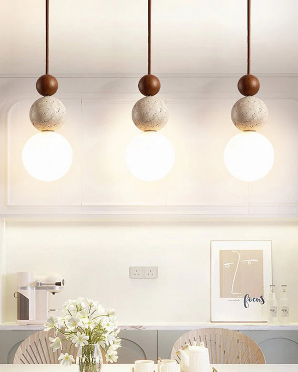 SilenVéra: Modern Wooden Pendant Light with Glass Sphere & Warm White LED Light – for Dining Room & Living Room