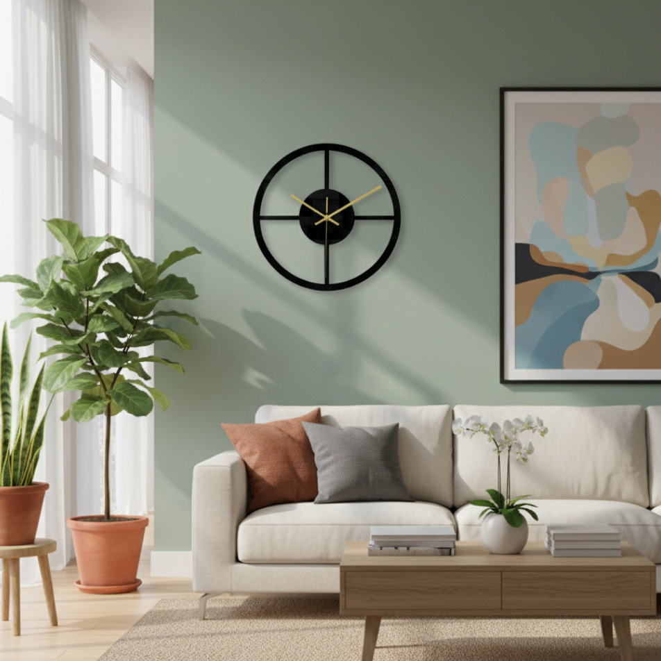Silent Wall Clock Geometric Black Acrylic Quartz Design