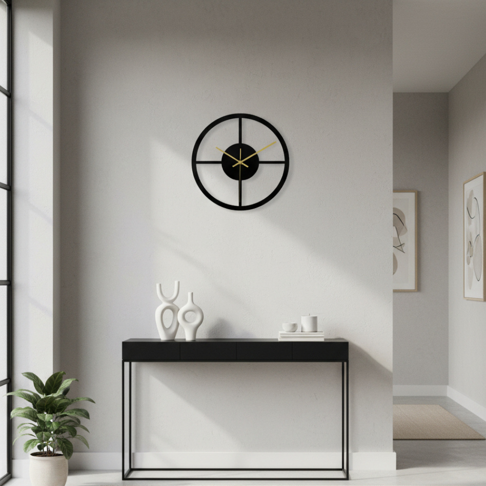 Silent Wall Clock Geometric Black Acrylic Quartz Design