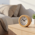 Wooden Alarm Clock Round Beech Wood Case, Analog Dial, 10 × 9.6 × 4.7 cm