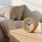 Wooden Alarm Clock Round Beech Wood Case, Analog Dial, 10 × 9.6 × 4.7 cm