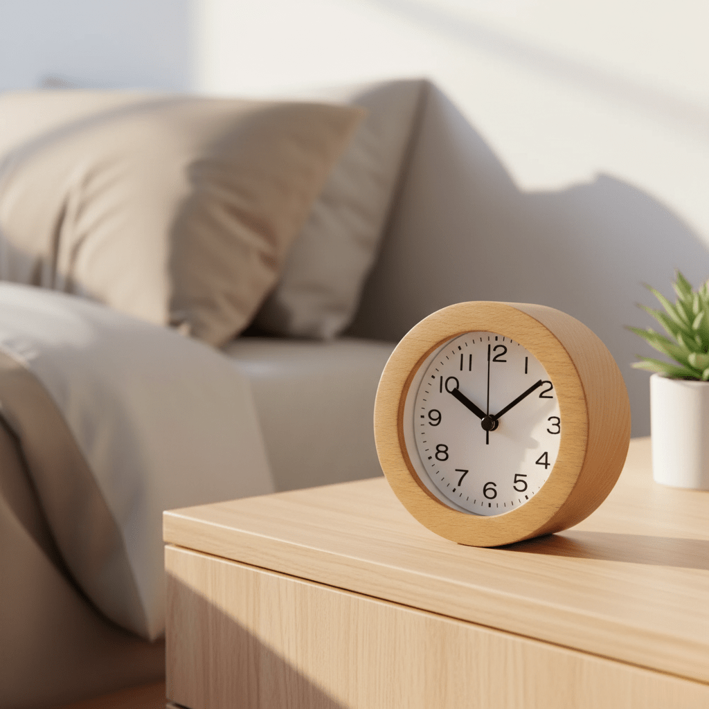 Wooden Alarm Clock Round Beech Wood Case, Analog Dial, 10 × 9.6 × 4.7 cm