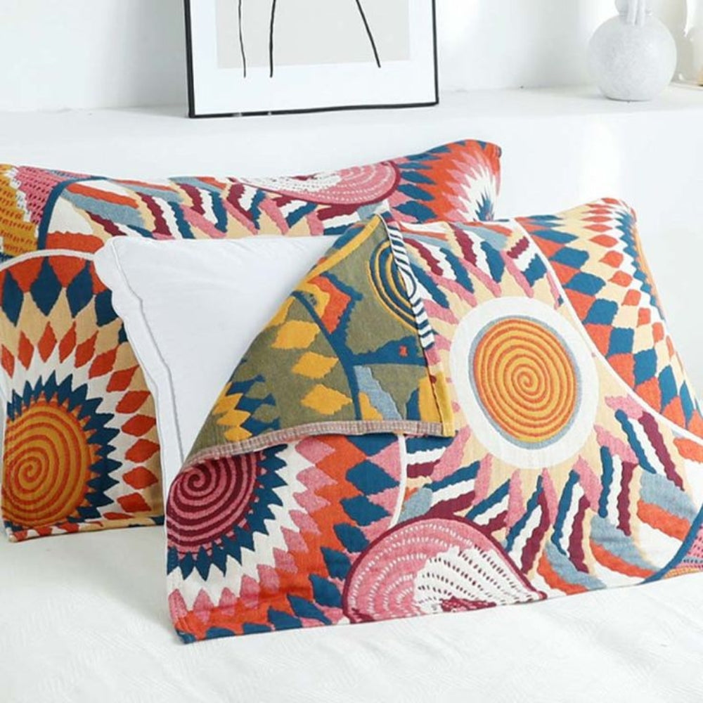 SkandiSonne: Cushion Cover with Buttons & Sun Print – Decorative & Comfortable for Bedroom (Set of 2)