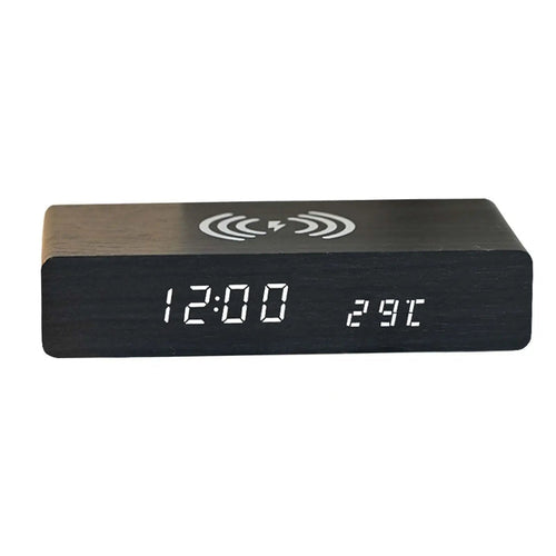 Alarm Clock Wireless Charging LED Display Woodgrain PVC