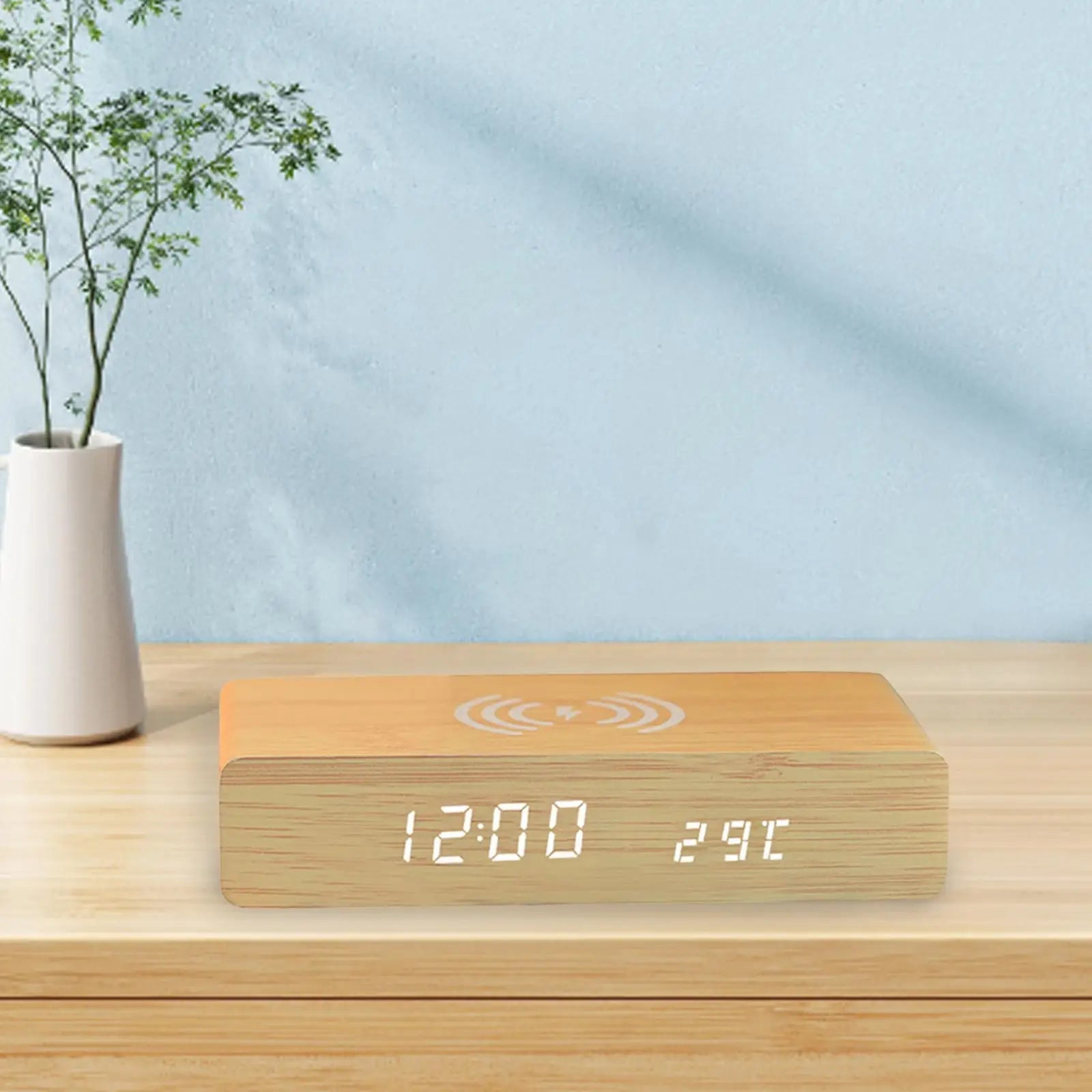Alarm Clock Wireless Charging LED Display Woodgrain PVC