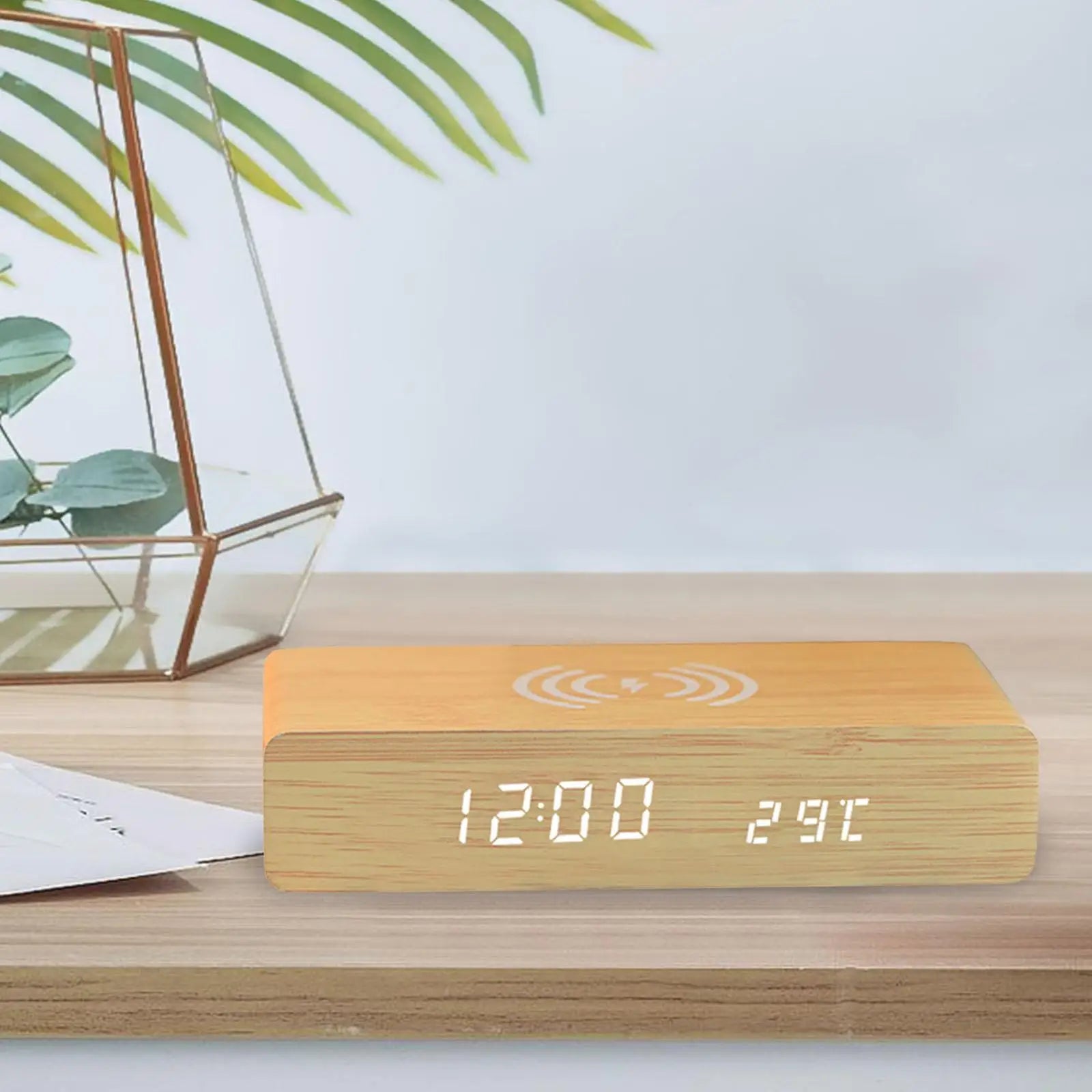 Alarm Clock Wireless Charging LED Display Woodgrain PVC