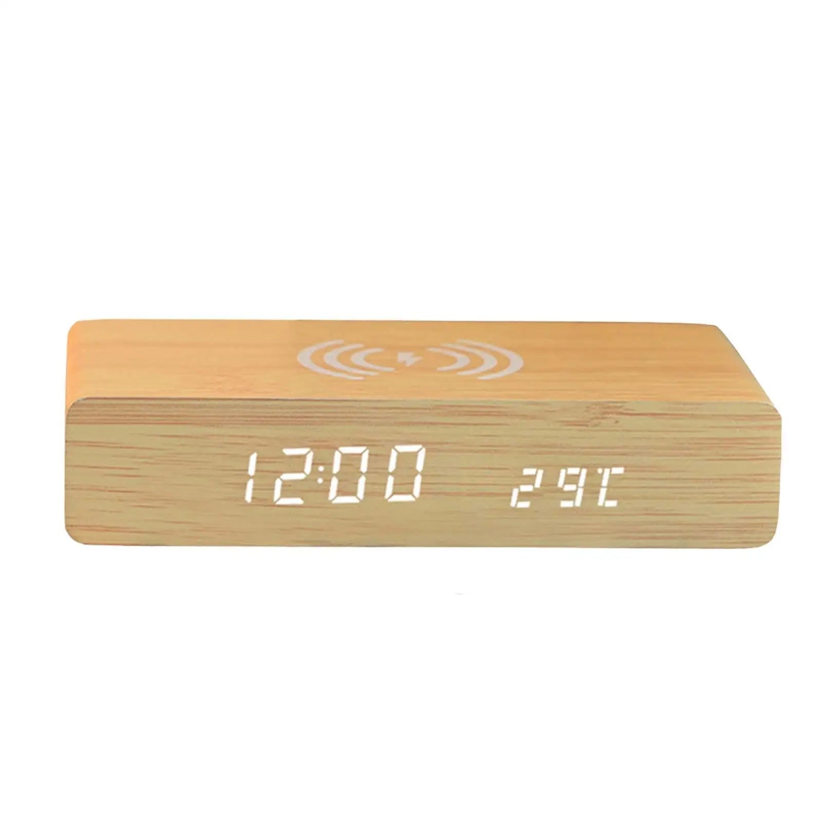 Alarm Clock Wireless Charging LED Display Woodgrain PVC