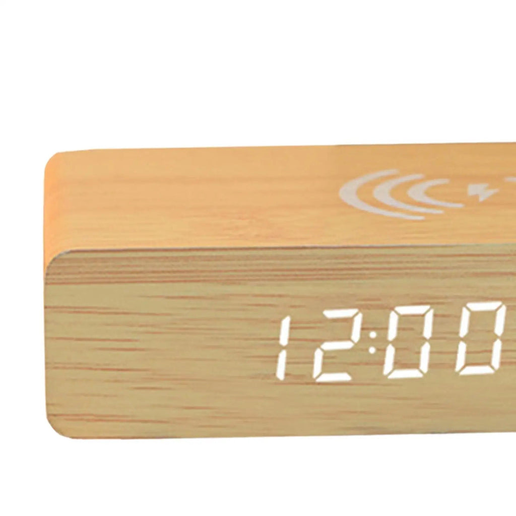 Alarm Clock Wireless Charging LED Display Woodgrain PVC