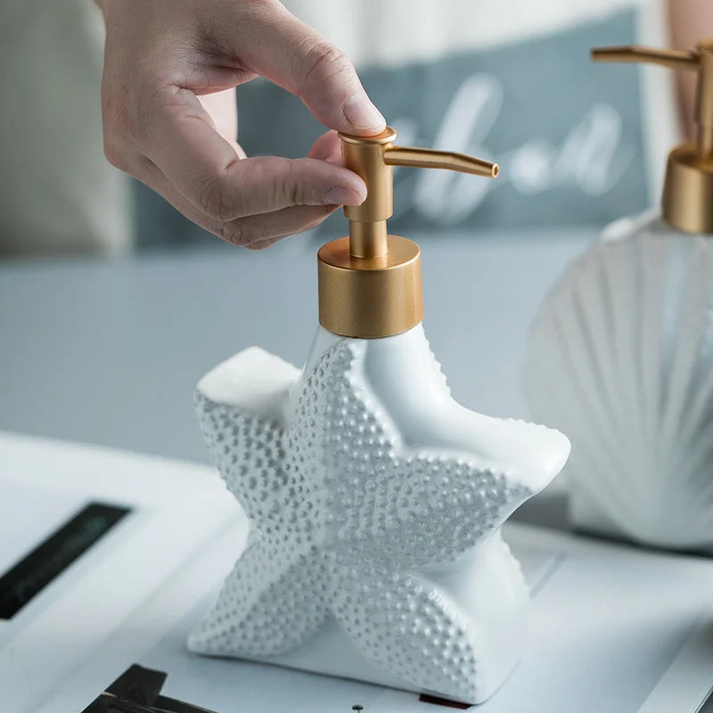 Soap Dispenser Ceramic Nautical Shell Design White Beige Bathroom Accessory