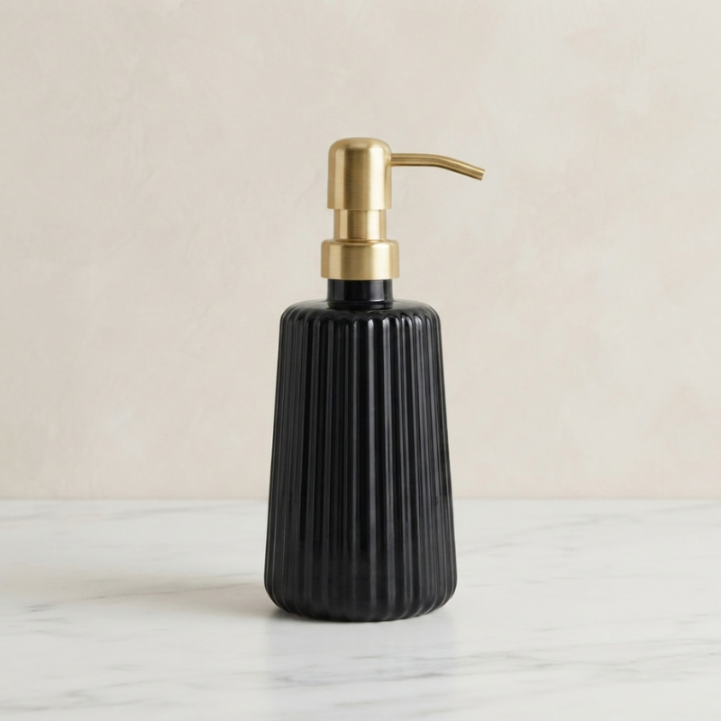 Soap Dispenser Refillable Countertop Ribbed Black Pump Bottle 350 ml