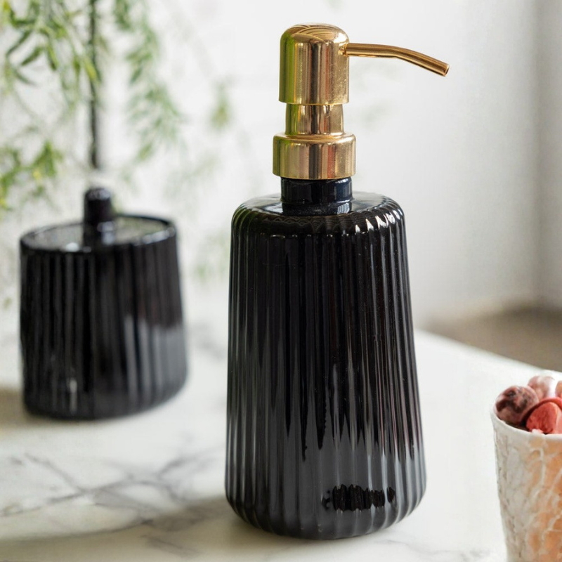Soap Dispenser Refillable Countertop Ribbed Black Pump Bottle 350 ml