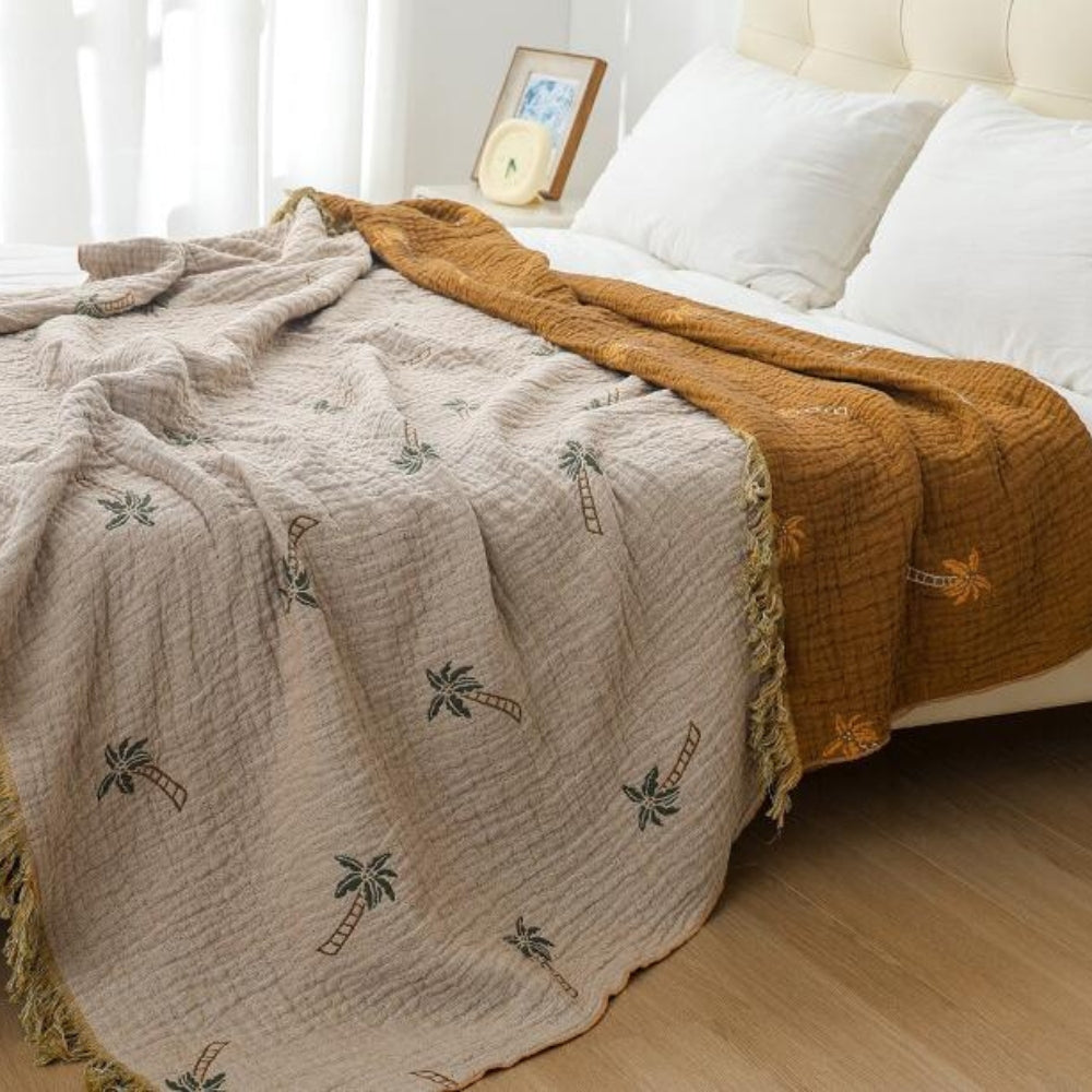 SolTropica: Cotton Throws in Tropical Palm Design with Reversible Structure & Decorative Fringes – for Sofa & Bedroom