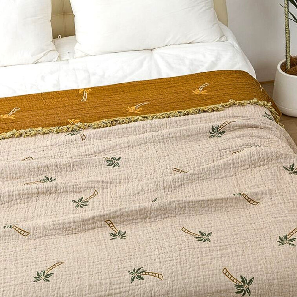SolTropica: Cotton Throws in Tropical Palm Design with Reversible Structure & Decorative Fringes – for Sofa & Bedroom