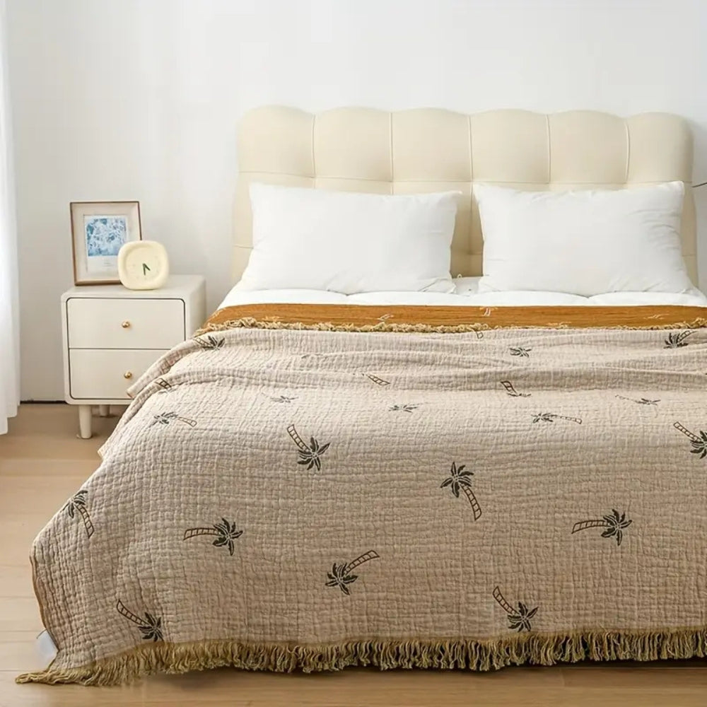 SolTropica: Cotton Throws in Tropical Palm Design with Reversible Structure & Decorative Fringes – for Sofa & Bedroom