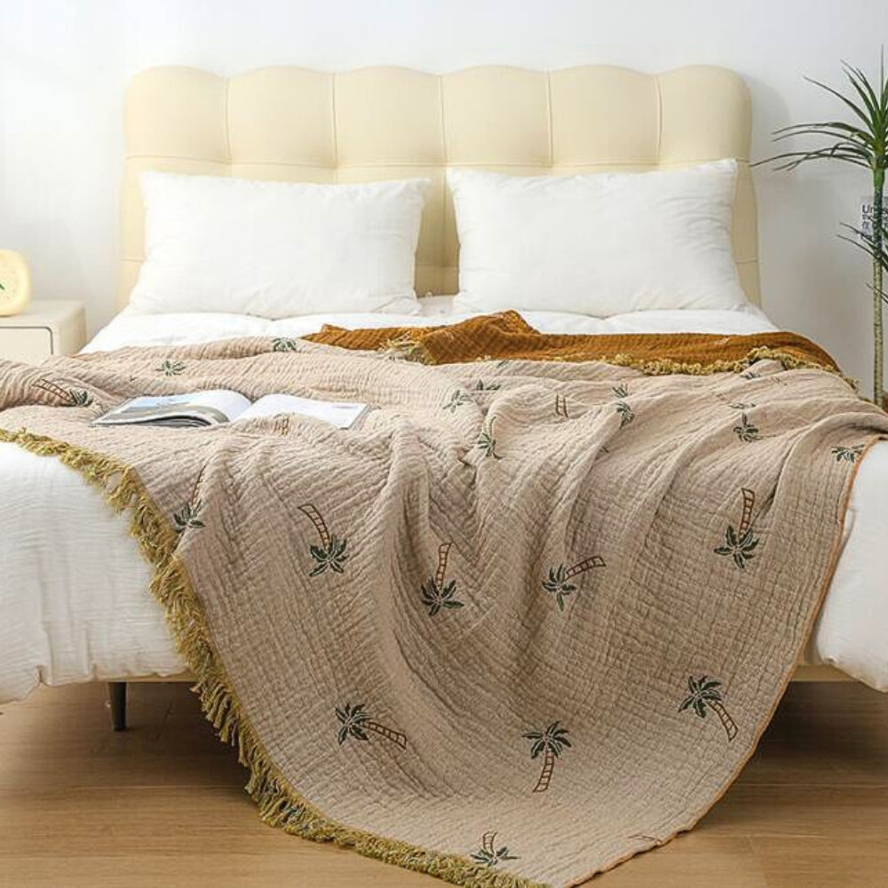 SolTropica: Cotton Throws in Tropical Palm Design with Reversible Structure & Decorative Fringes – for Sofa & Bedroom