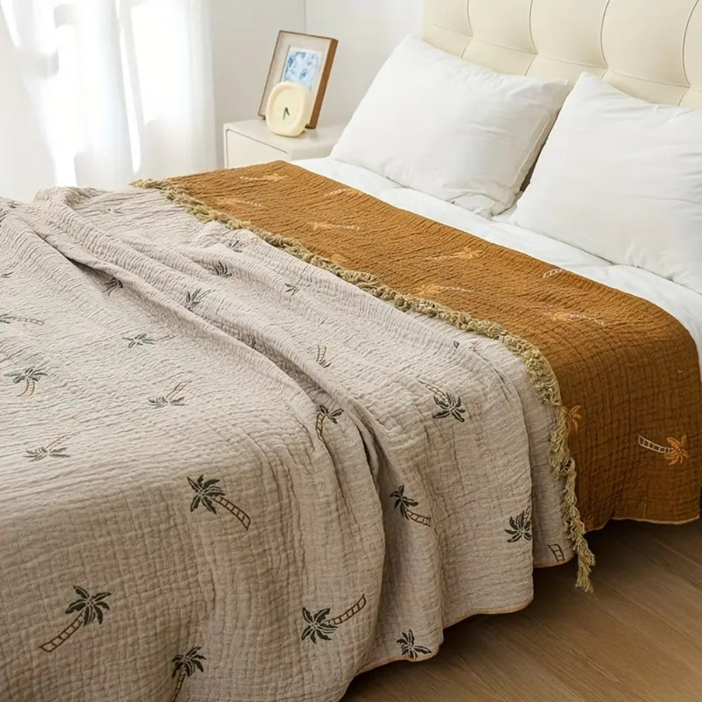 SolTropica: Cotton Throws in Tropical Palm Design with Reversible Structure & Decorative Fringes – for Sofa & Bedroom