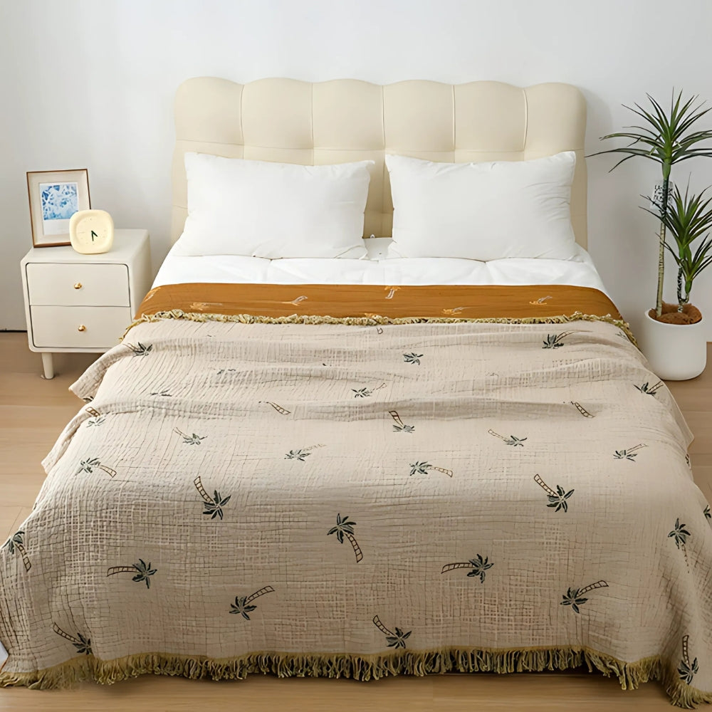 SolTropica: Cotton Throws in Tropical Palm Design with Reversible Structure & Decorative Fringes – for Sofa & Bedroom