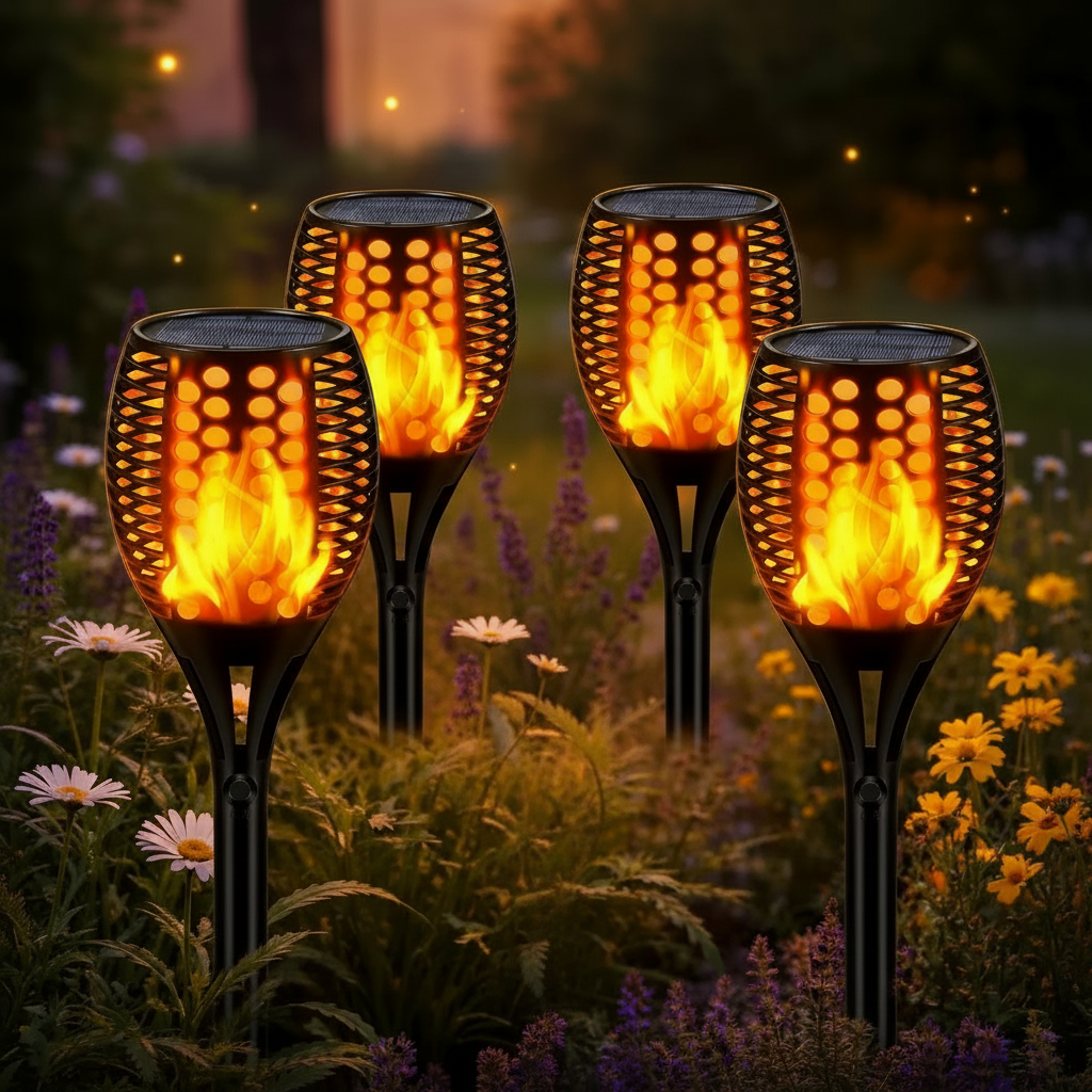 Solar Flame Torch Lights LED Flickering Effect Waterproof