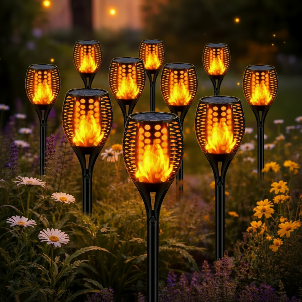 Solar Flame Torch Lights LED Flickering Effect Waterproof