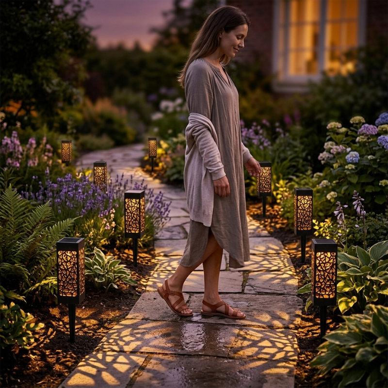 Solar Pathway Lights Warm LED ABS Stake Mounted Waterproof Garden Lighting Set