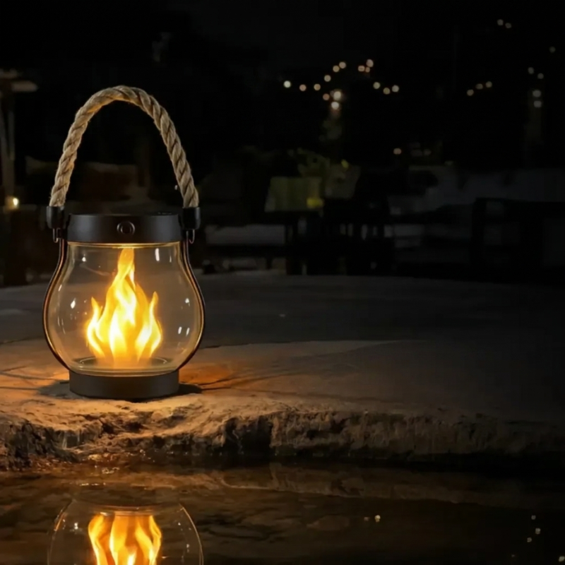 Solar Lantern LED Flame Effect Outdoor Plastic Hemp Rope