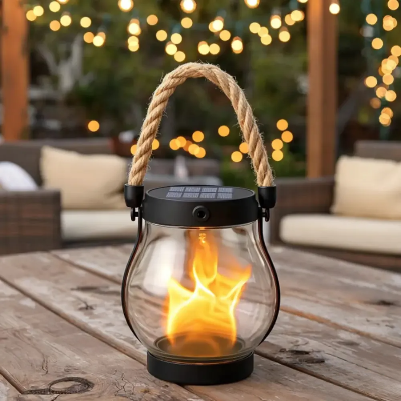 Solar Lantern LED Flame Effect Outdoor Plastic Hemp Rope