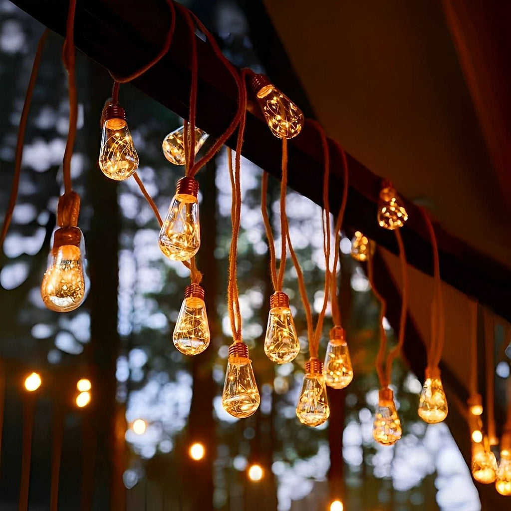 Outdoor Solar String Lights Hemp Rope Oval Bulbs Solar Powered IP55 Waterproof
