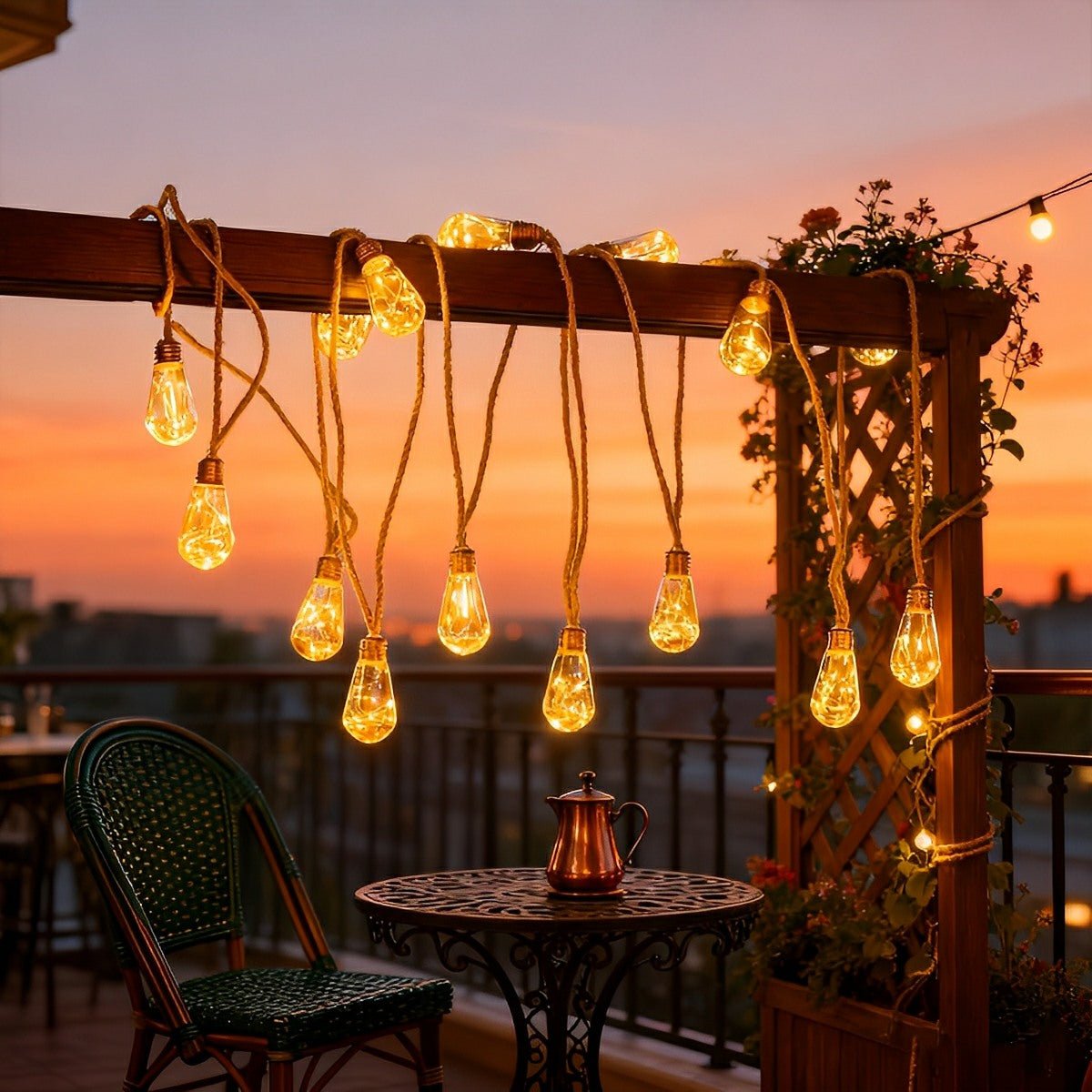 Outdoor Solar String Lights Hemp Rope Oval Bulbs Solar Powered IP55 Waterproof