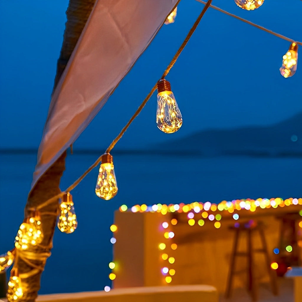 Outdoor Solar String Lights Hemp Rope Oval Bulbs Solar Powered IP55 Waterproof