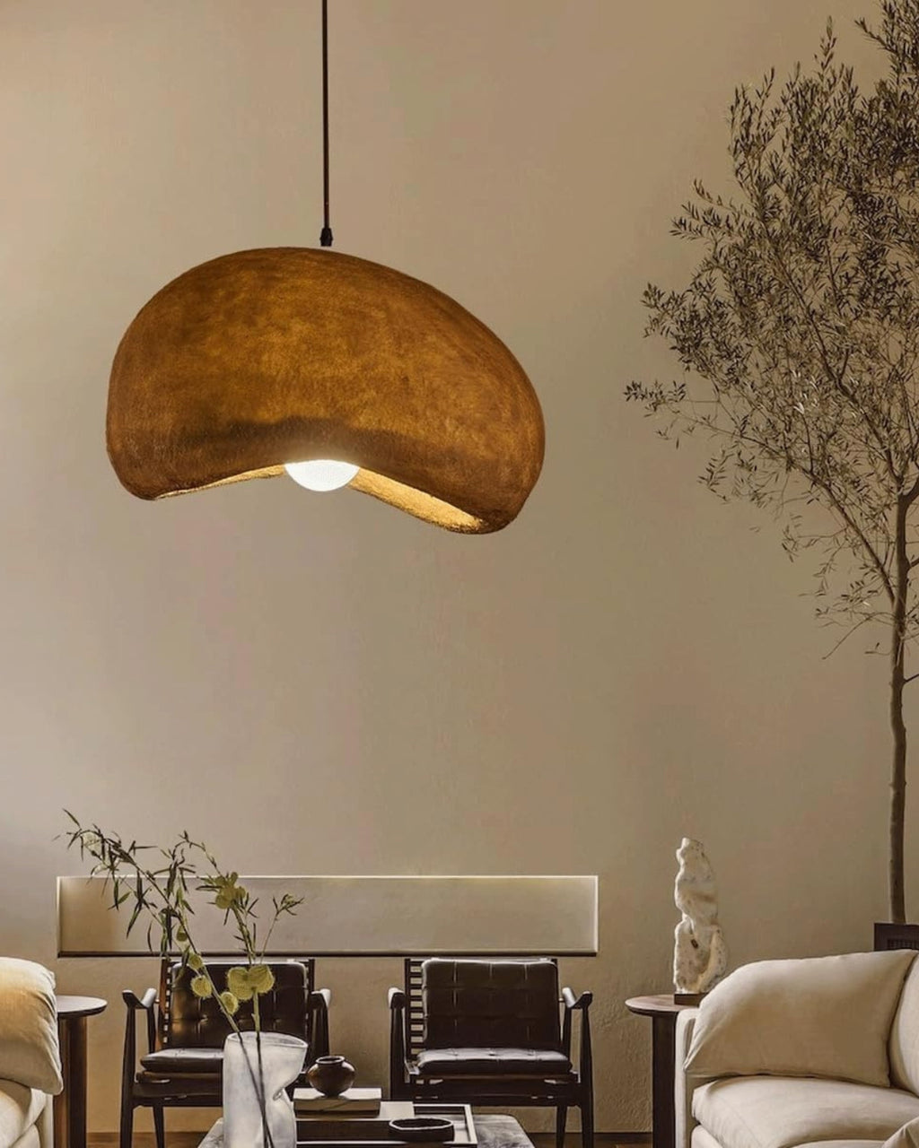 SoléaForma: Round Pendant Light in Natural Structure Look with Warm White Light – for Dining Room & Living Space