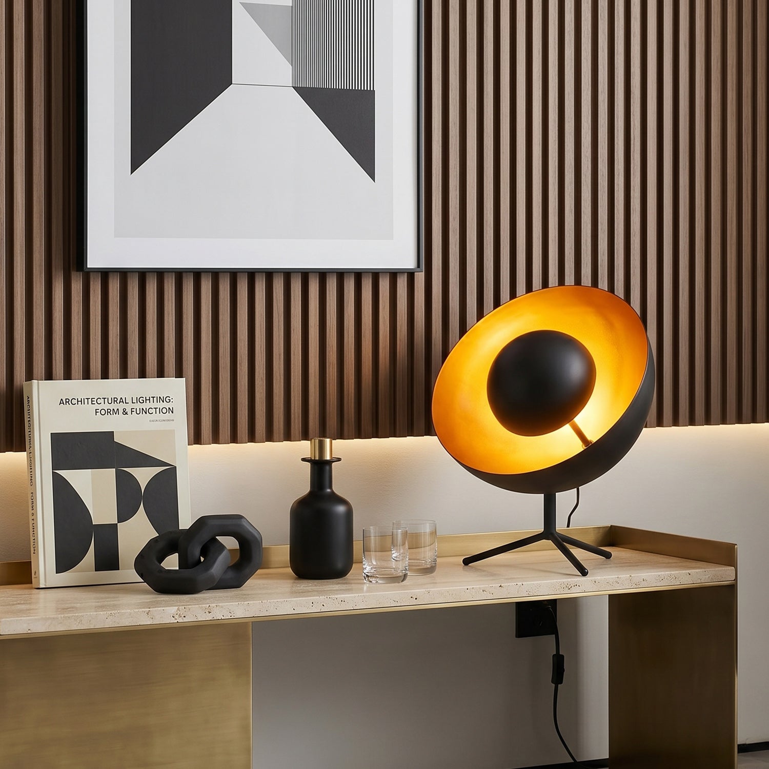 Tripod Table Lamp, Sand Black & Gold Interior