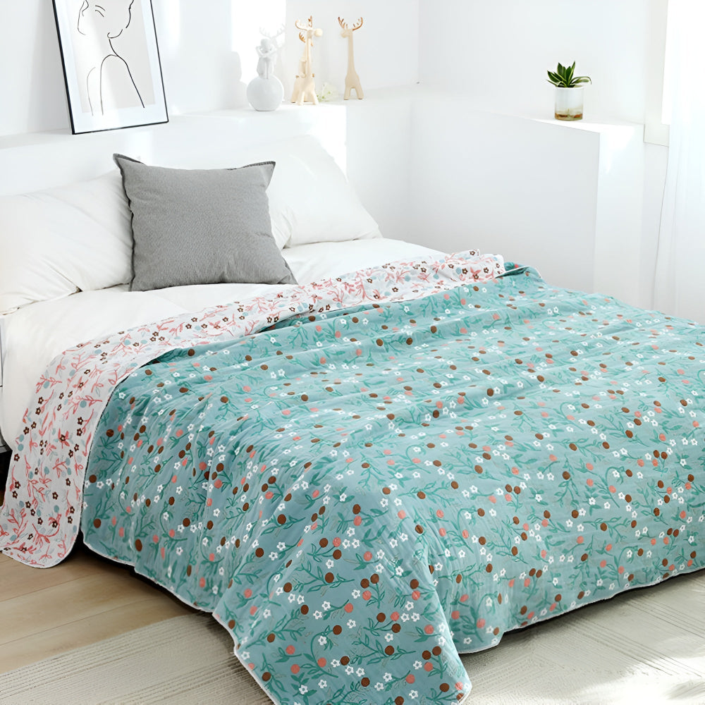 SummerLeaf: Cotton blankets made of four-layer gauze with floral & leaf print – for bedroom & sofa