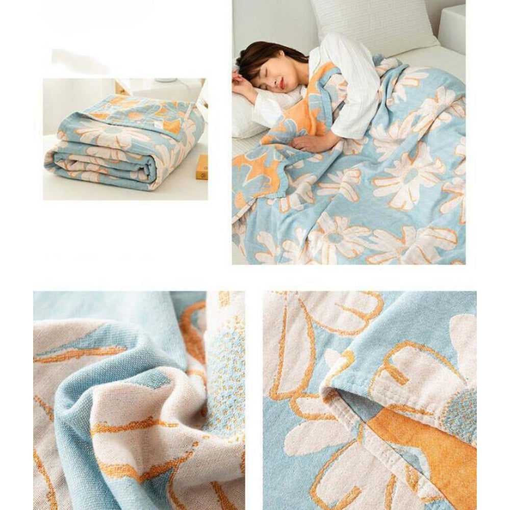 Summer Meadow: Cozy Cotton Blanket with Daisy Print & 4-Layer Gauze – for Sofa & Bed