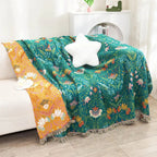 Sunset Forest: Reversible Cotton Blanket with Botanical Pattern & Decorative Fringes – for Sofa & Bedroom