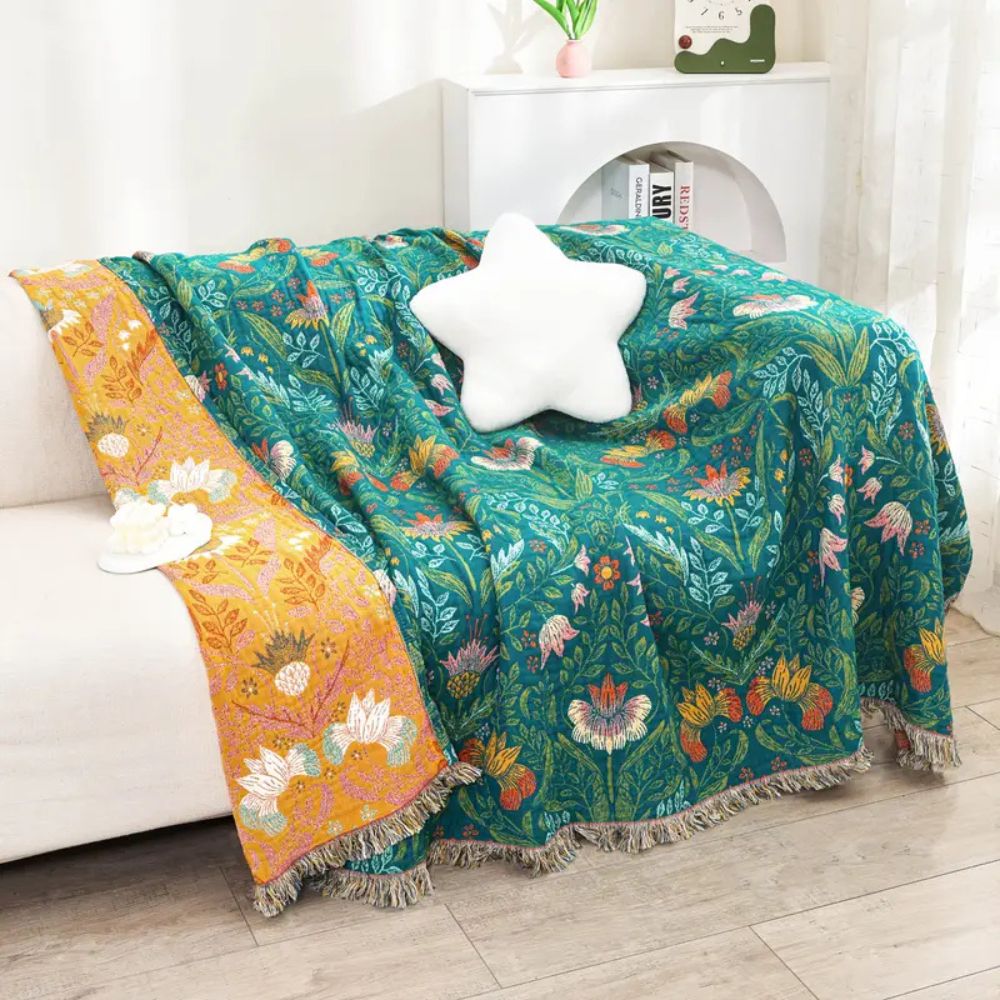 Sunset Forest: Reversible Cotton Blanket with Botanical Pattern & Decorative Fringes – for Sofa & Bedroom