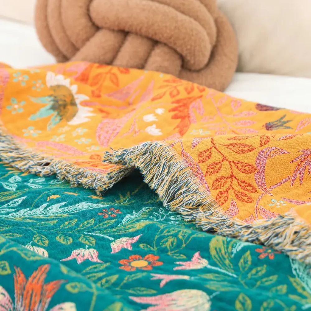 Sunset Forest: Reversible Cotton Blanket with Botanical Pattern & Decorative Fringes – for Sofa & Bedroom