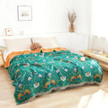 Sunset Forest: Reversible Cotton Blanket with Botanical Pattern & Decorative Fringes – for Sofa & Bedroom
