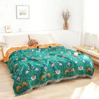 Sunset Forest: Reversible Cotton Blanket with Botanical Pattern & Decorative Fringes – for Sofa & Bedroom