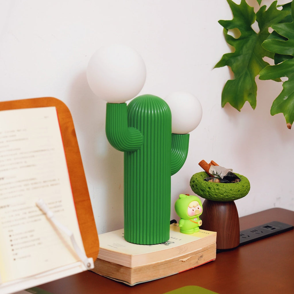 Fluted Cactus Table Lamp, Opal Glass Globes