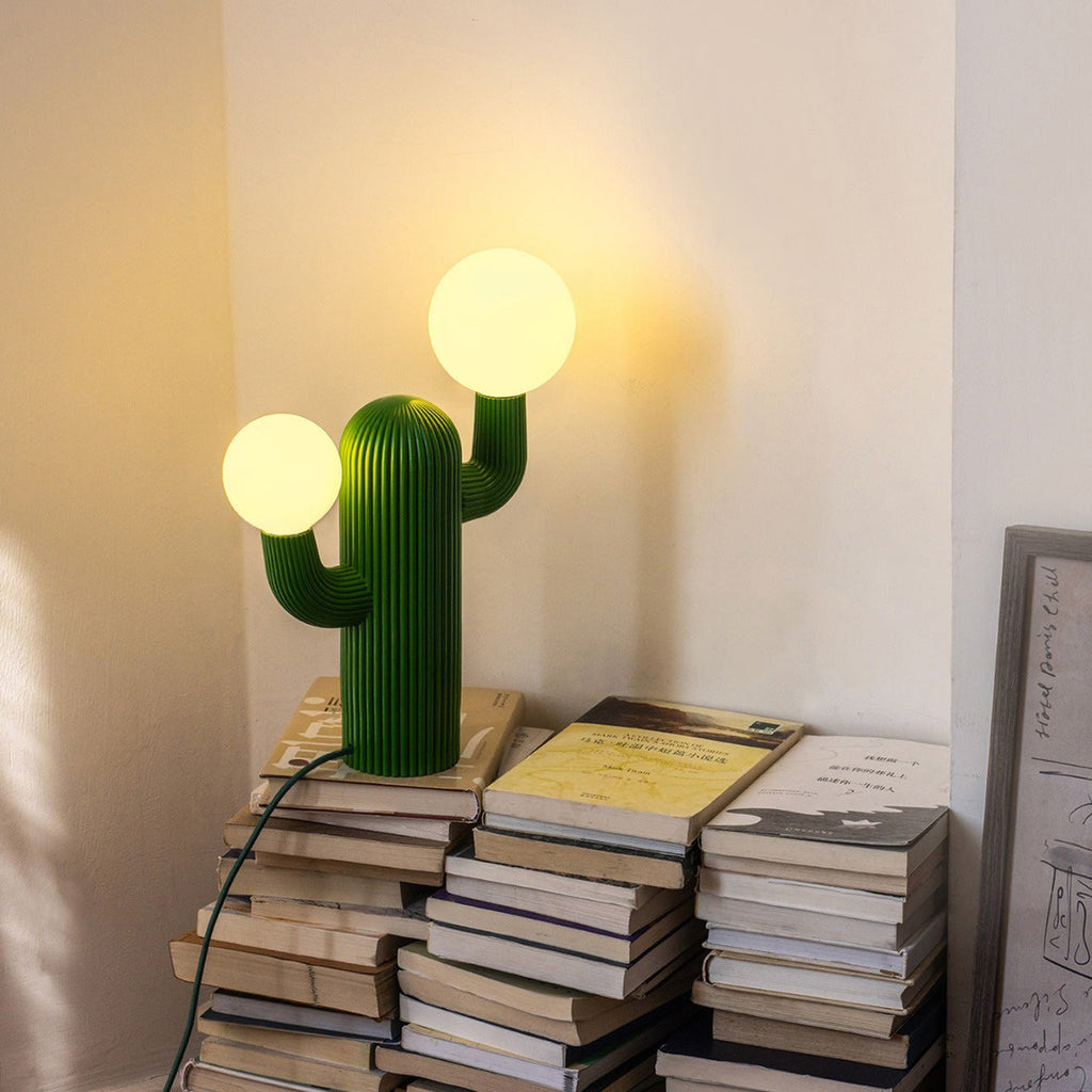 Fluted Cactus Table Lamp, Opal Glass Globes