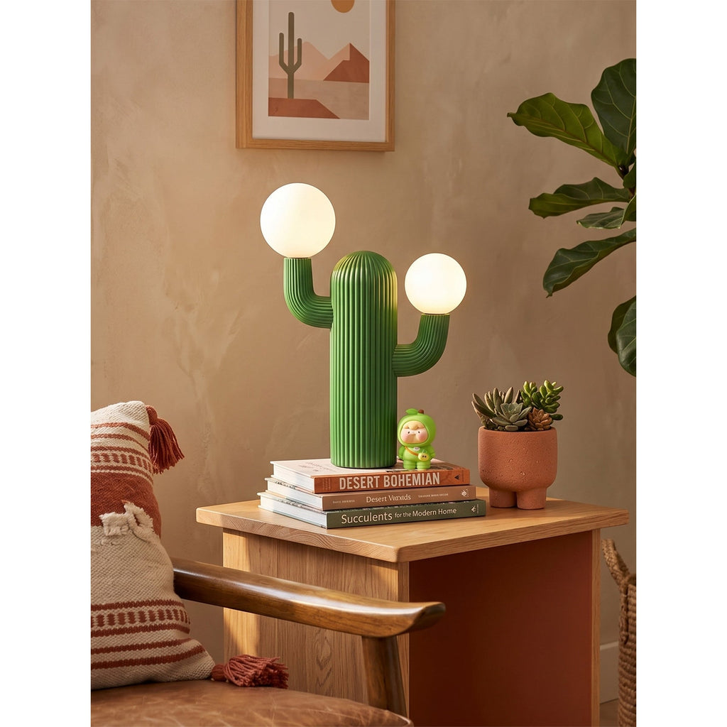 Fluted Cactus Table Lamp, Opal Glass Globes