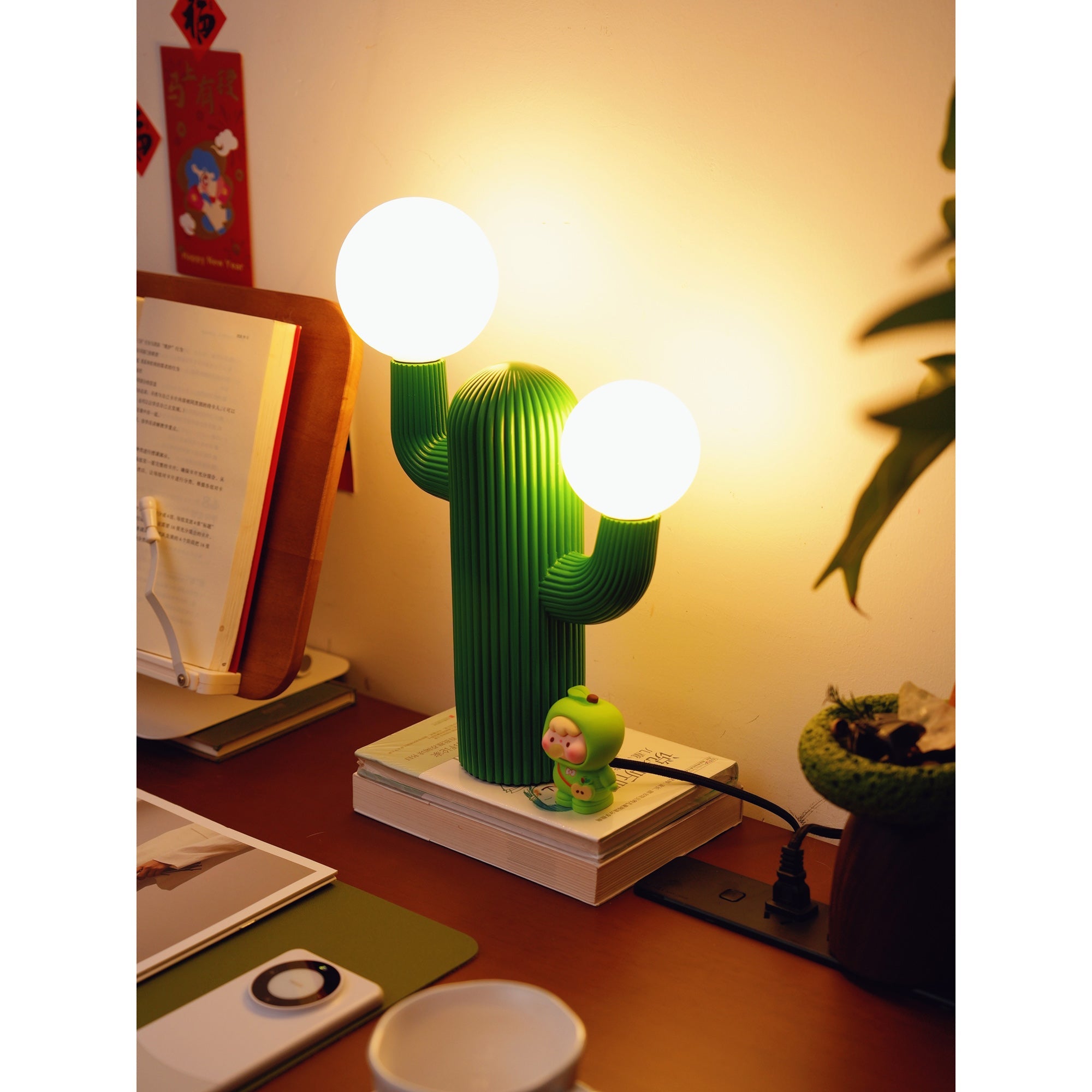 Fluted Cactus Table Lamp, Opal Glass Globes