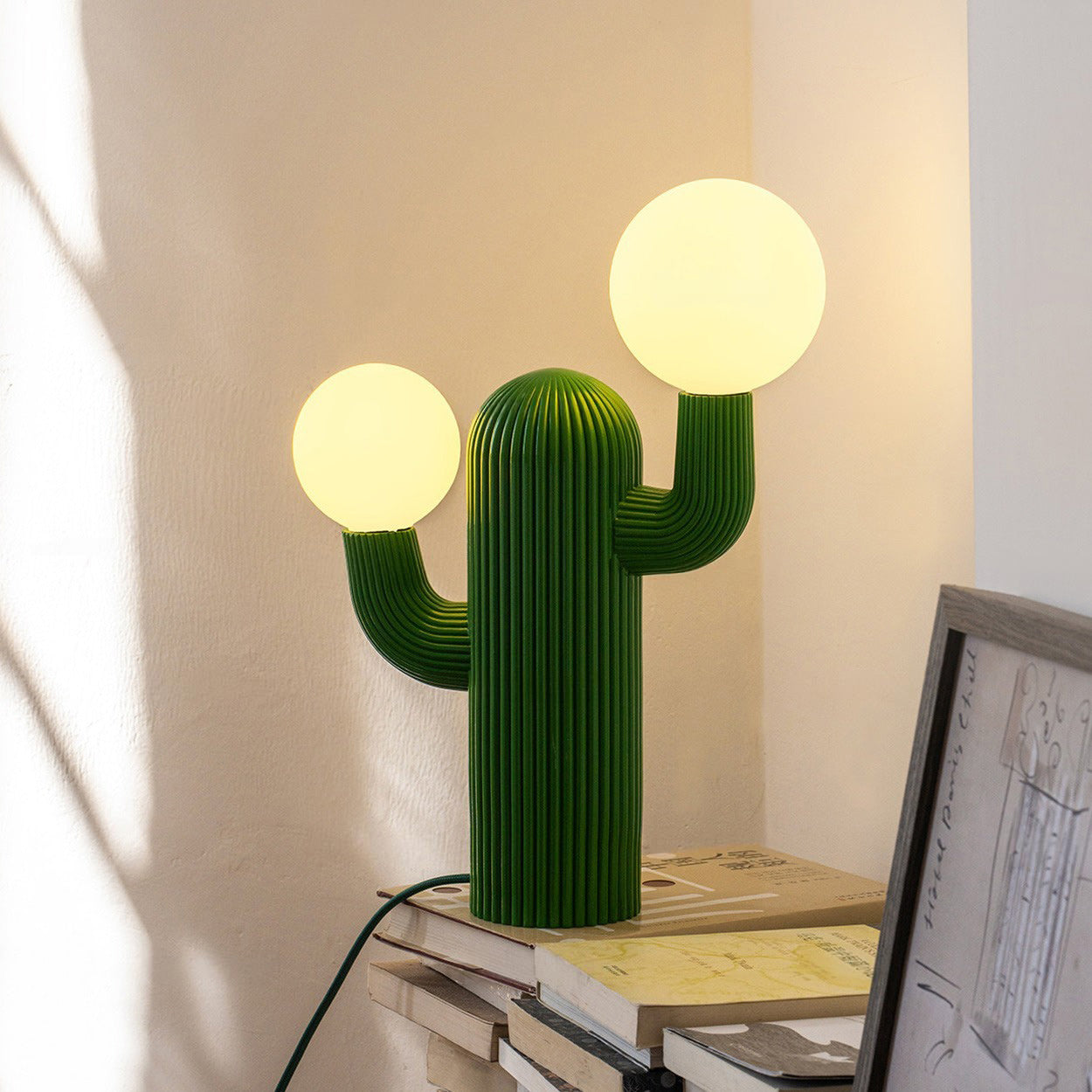 Fluted Cactus Table Lamp, Opal Glass Globes