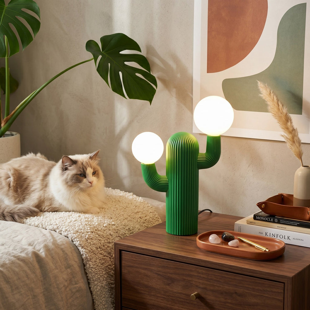 Fluted Cactus Table Lamp, Opal Glass Globes